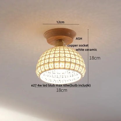 Modern white and brass ceramic led ceiling lamp with a warm-toned woven design natural wood base and copper socket