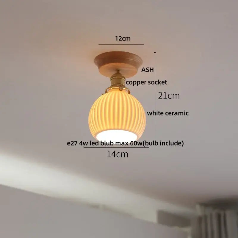Modern white ceramic led ceiling lamp with warm-toned ribbed design copper socket and ash wood ceiling mount