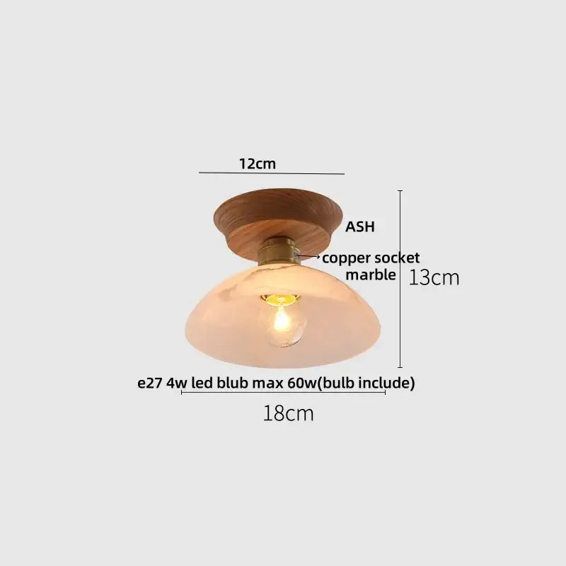 Modern ceramic led ceiling lamp with warm translucent marble glass shade, wooden ash base, and copper socket