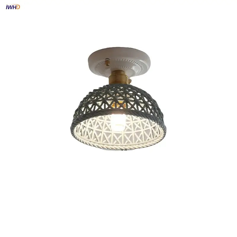 Modern white and brass ceramic led ceiling lamp with intricately woven lattice shade for bedroom lighting