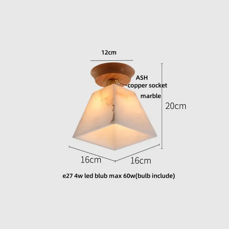 Modern white and brass ceramic led ceiling lamp with a warm-toned marble shade and wooden base for bedroom use