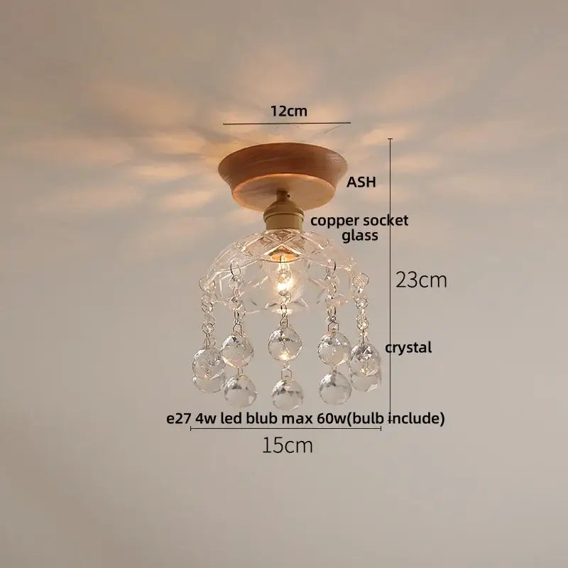 Modern white and brass ceramic led ceiling lamp with a delicate crystal chandelier and wooden base for bedroom lighting