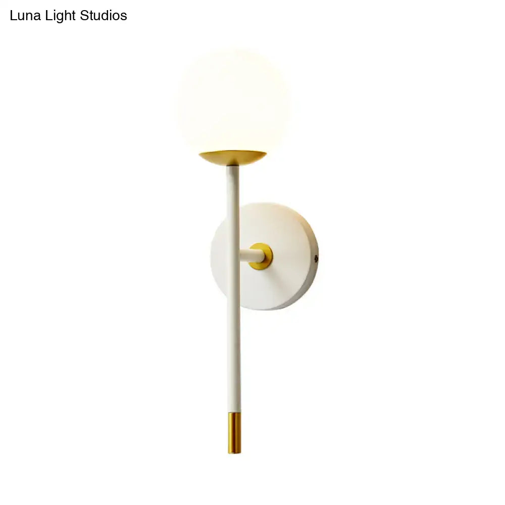 Modern wall lamp with milk frosted glass globe, white matte stem, brass accents for bedroom 220v-240v 110v-120v use