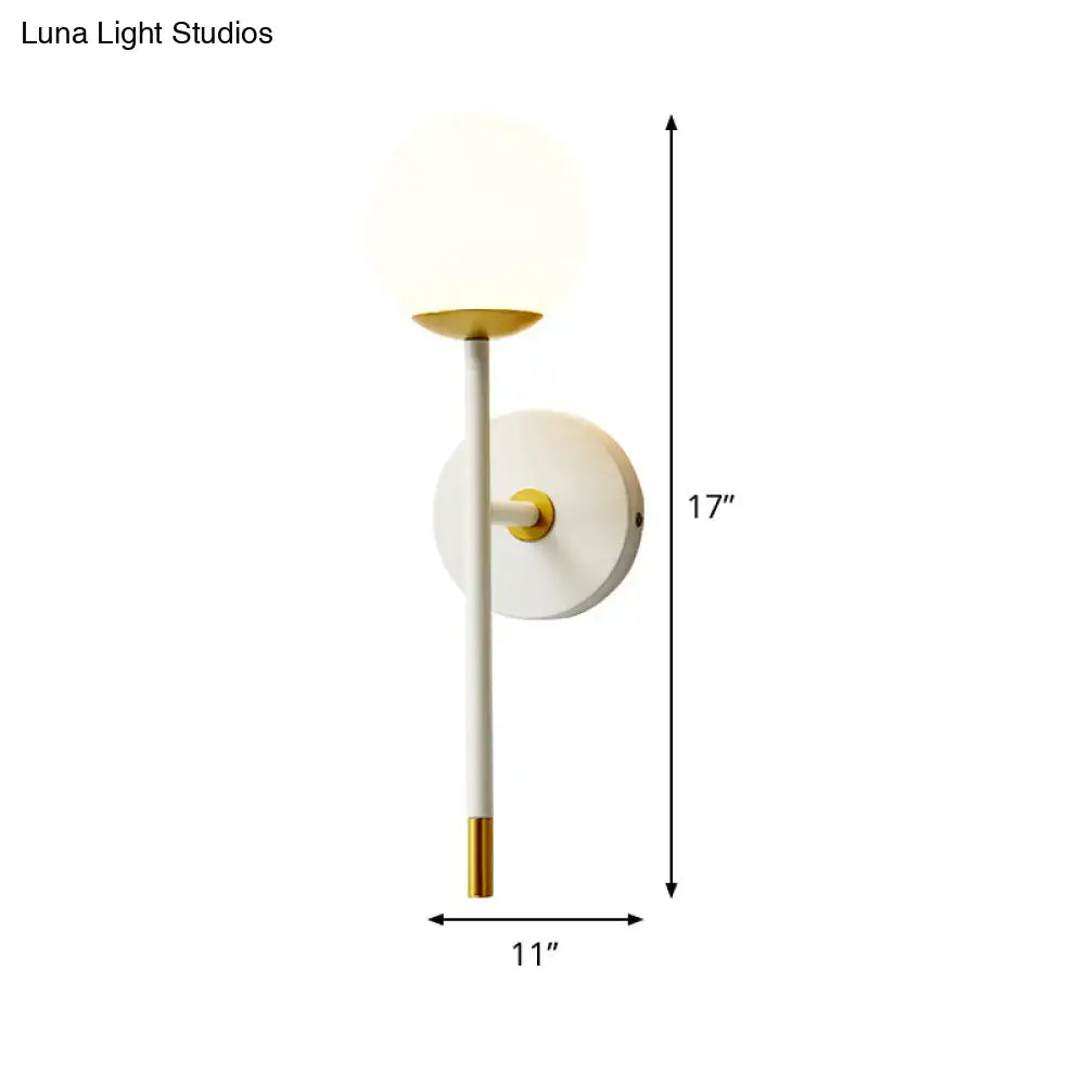 Modern white and brass wall lamp with milk frosted glass globe shade suitable for 220v-240v and 110v-120v use