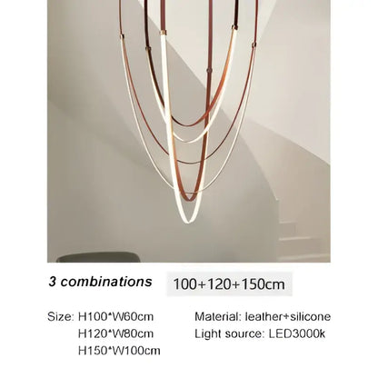 Modern white and brown designer villa chandelier featuring three concentric curved rings with copper leather and silicone bands by decorbites designer villa