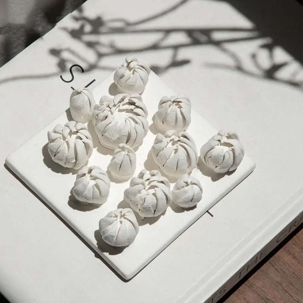 Modern white bud ceramic wall décor pendant featuring white ceramic pumpkin-shaped ornaments on a square plate