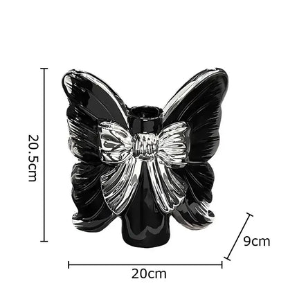 Black ceramic butterfly ceramic vase with silver metallic bow centerpiece for modern bedroom decorbites butterfly ceramic design