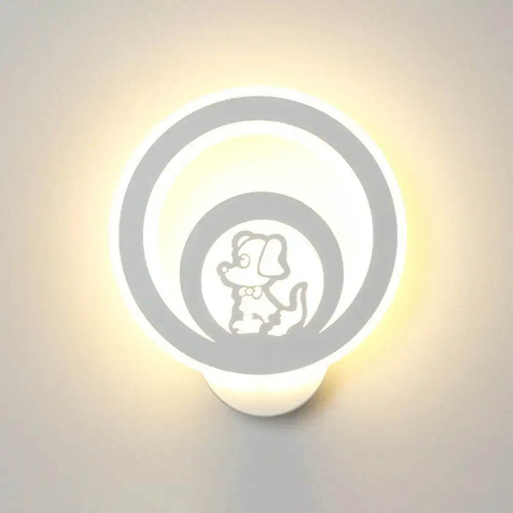 Modern white circular led wall light fixture 110v-120v with cartoon dog silhouette and concentric rings for bedroom use
