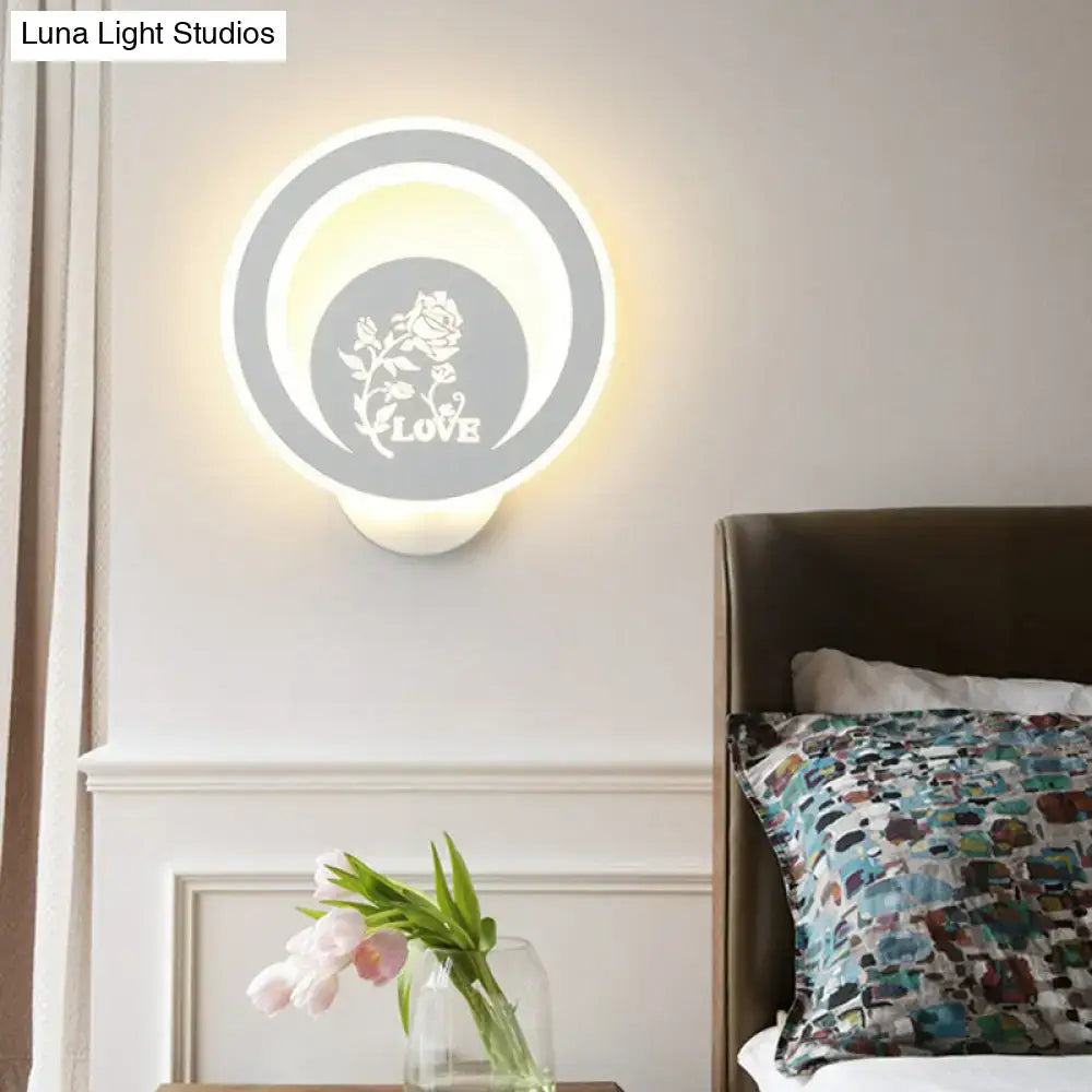 Modern white cartoon dog led wall light fixture 110v-120v with circular gray rings and illuminated rose love motif center