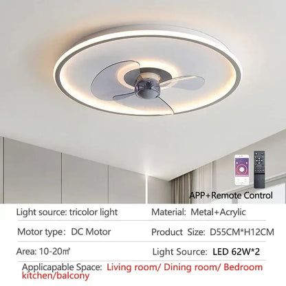 Modern white ceiling fan with led light and transparent acrylic blades featuring a sleek metallic design decorbites ceiling fan