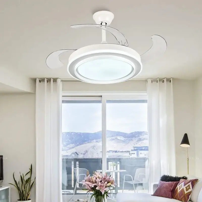 Modern white ceiling fan with curved blades and integrated led ceiling fan lights ideal for bedroom use