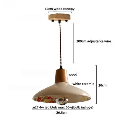 Modern white ceramic and wood pendant light with floral interior detailing and adjustable wire for dining room decorbites copper wood led