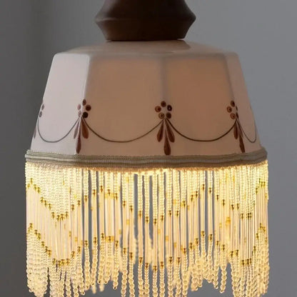 Beige hexagonal pendant light with brown floral embroidery and clear beaded fringe for modern white ceramic wood decorbites copper wood led dining room decor