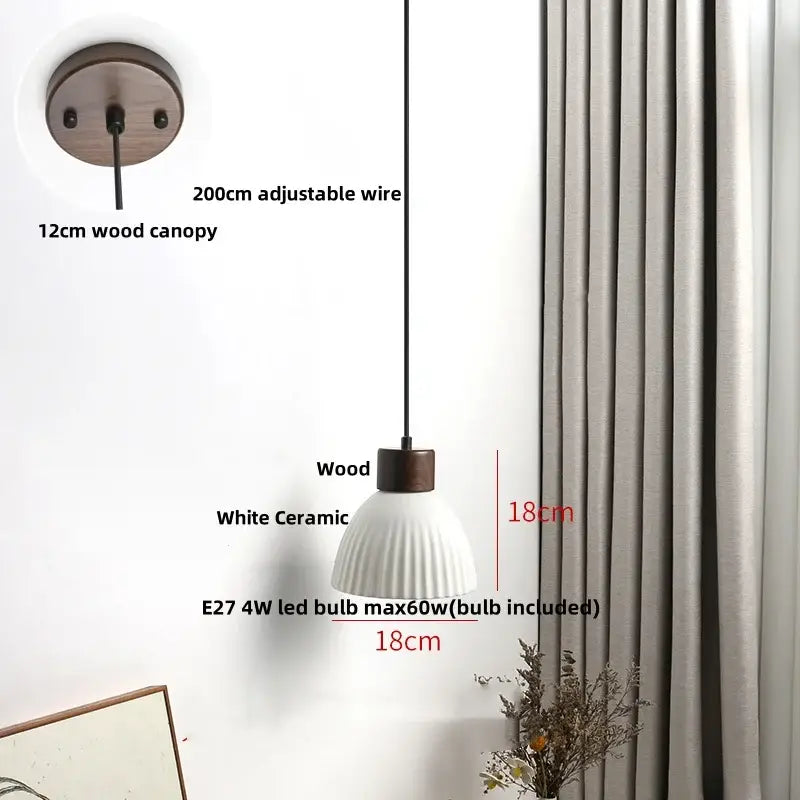 Modern white ceramic pendant light fixture with vertical ridges and wood canopy for kitchen decor suspension