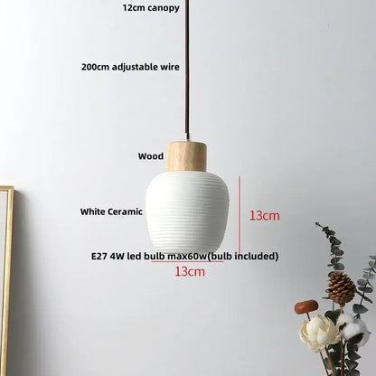 Modern white ceramic pendant light fixture with ribbed texture and natural wood top for kitchen decor