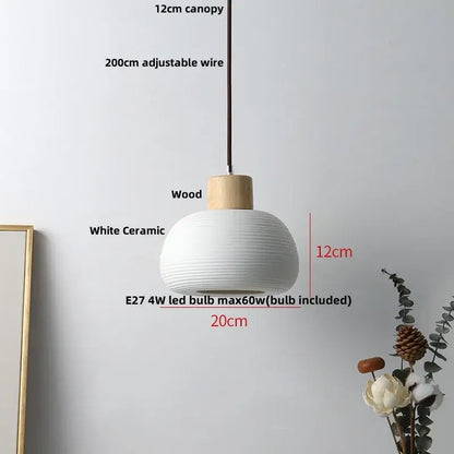Modern white ceramic pendant light fixture with ribbed texture and wooden canopy for kitchen decor