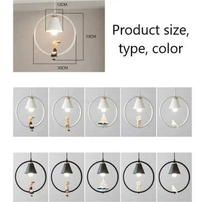 Modern white ceramic bird iron ring pendant light with black conical shade and miniature figurine for bedroom decorbites iron ring pendant