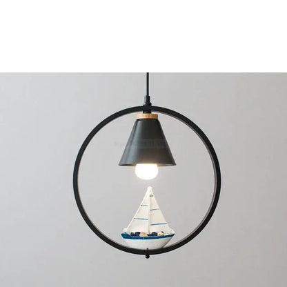 Modern white ceramic bird iron ring pendant light featuring a black circular conical shade with a miniature sailboat decorbites iron ring pendant