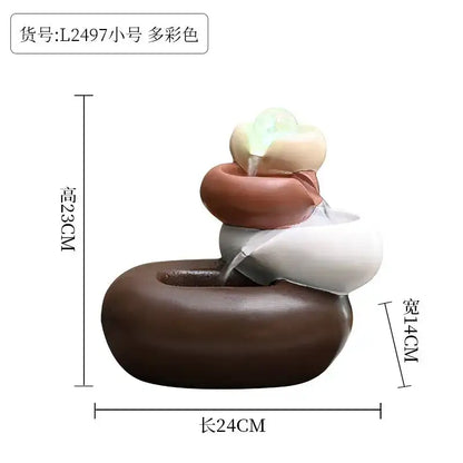Modern white ceramic circulating water fountain with multi-colored resin waterfall tiers in brown white and beige decorbites circulating water decor