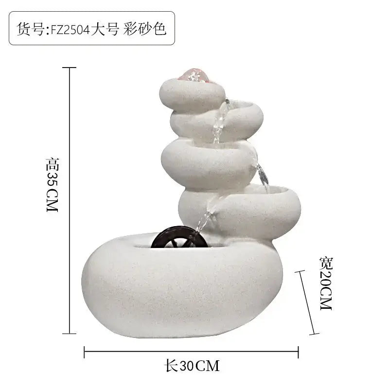 Modern white ceramic circulating water fountain with stacked stone tiers and dark wooden wheel for living room decorbites decor