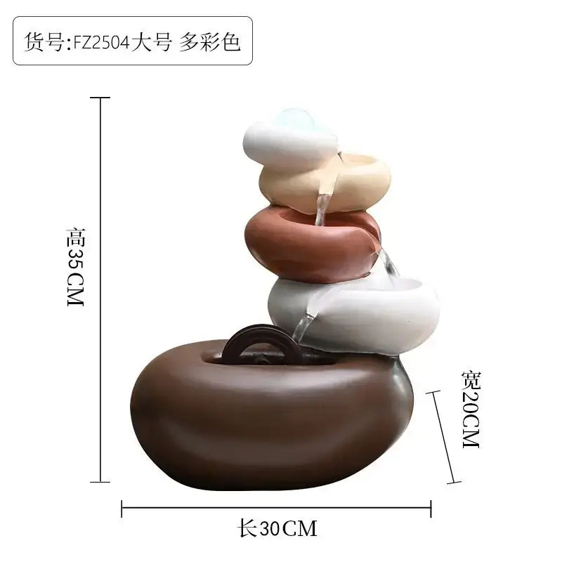 Modern white ceramic multicolored tiered water fountain with smooth stone layers for decorbites circulating water fountain decor