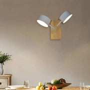 Modern white ceramic double drum wall sconce with wooden base and adjustable arms for 110v-120v kitchen light