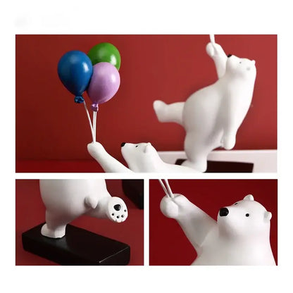White ceramic flying bear figurine holding colorful balloons modern kids bedroom decor bear figurines
