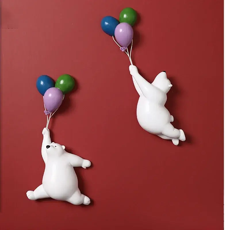 Modern white ceramic flying bear figurines holding colorful balloons for kids bedroom decor wall display
