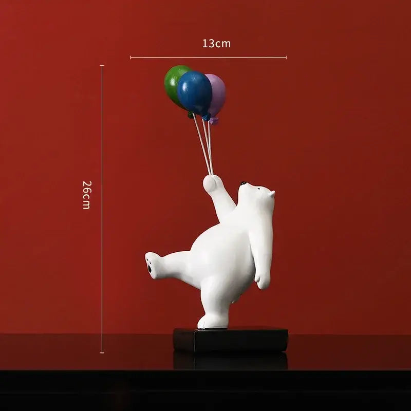 Modern white ceramic flying bear figurine in the shape of a white bear holding colorful balloons for kids bedroom decor
