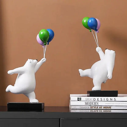 Modern white ceramic flying bear figurines with colorful balloons made of glossy resin for kids bedroom decor