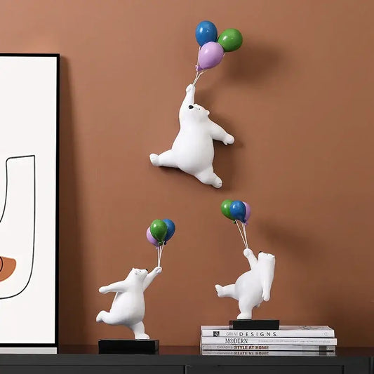 Modern white ceramic flying bear figurines featuring polar bears holding colorful balloons for kids bedroom decor