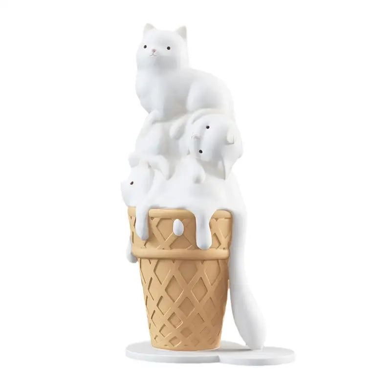Modern white ceramic cream cat sculpture with three cats stacked on a melting ice cream cone for living room decor