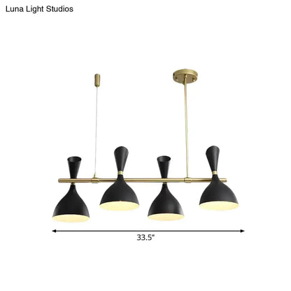 Black matte nordic hanging chandelier with four metal horn shades and brass-toned bar for dining room lighting