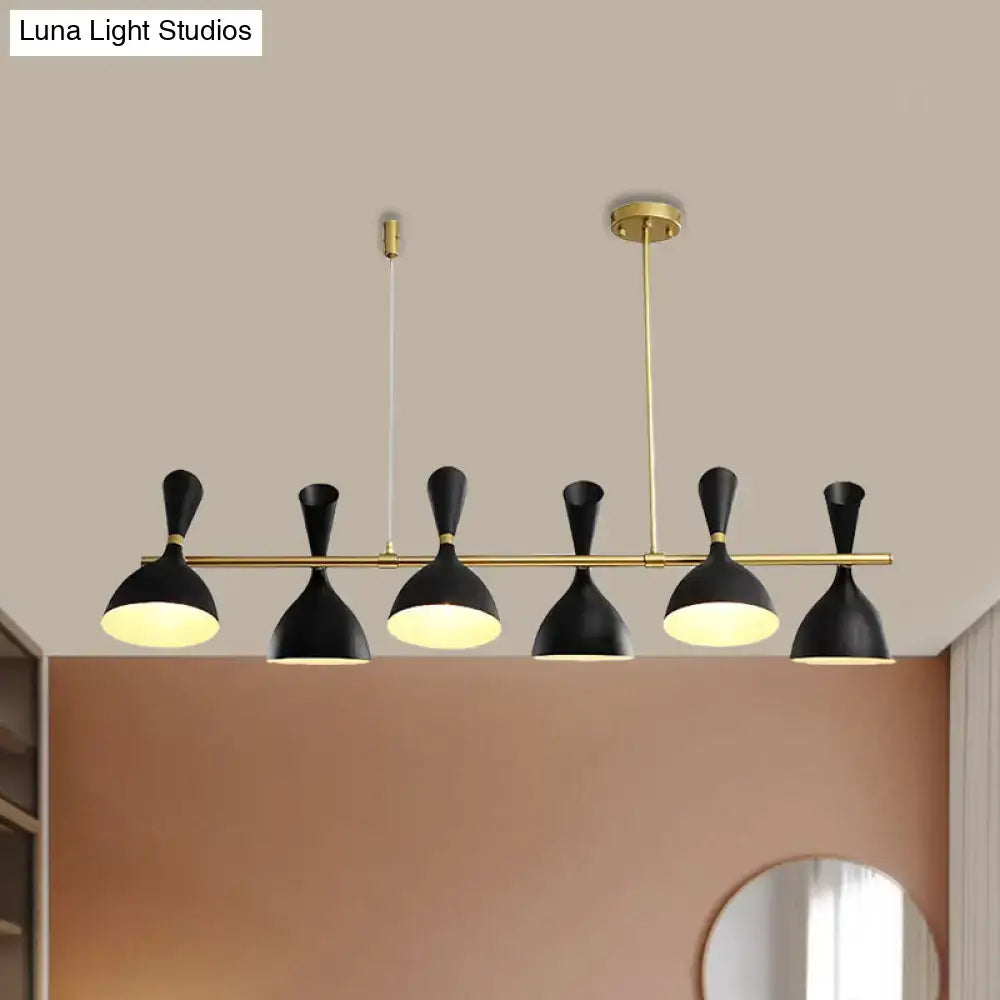 Black matte nordic hanging chandelier with five metal horn shade conical lamps and brass accents for dining room lighting