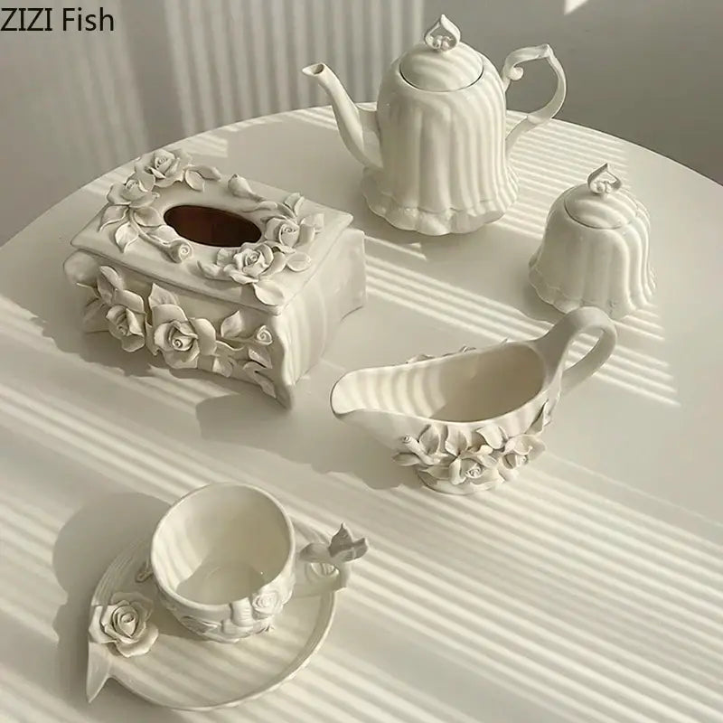 Modern white ceramic tissue box with camellia flower embellishments and glossy finish for living room use