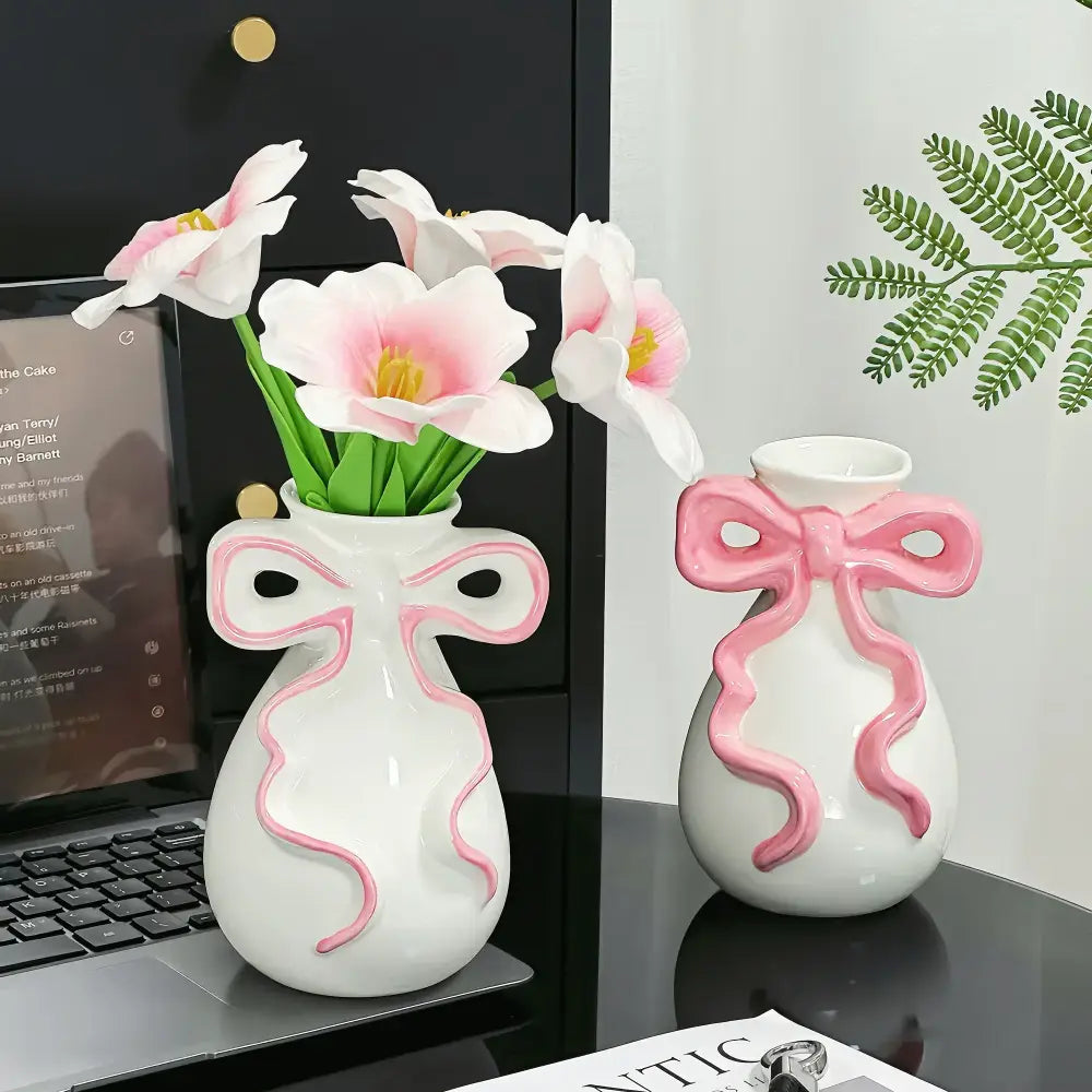 Modern white ceramic vase with cute pink bow decorbites 3d ribbon for living room decor