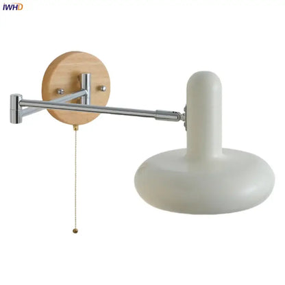 Modern white ceramic wall lamp with chrome adjustable arm and wooden backplate for decorbites cream iron art bedroom decor