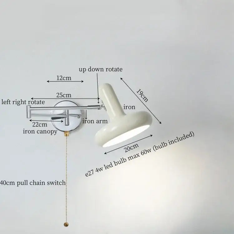 Adjustable white ceramic wall lamp with chrome iron arm and canopy for modern decorbites cream iron art bedroom decor