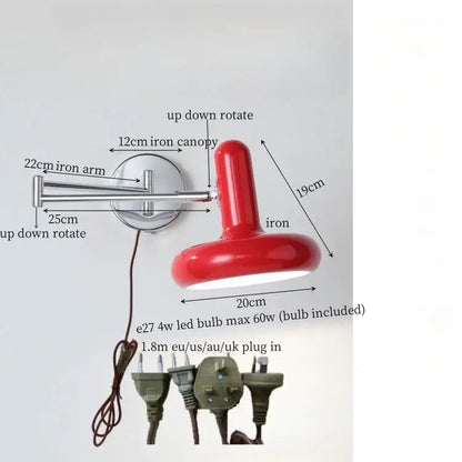Red glossy iron wall lamp with adjustable arm and canopy featuring decorbites cream iron art design for modern bedroom decor