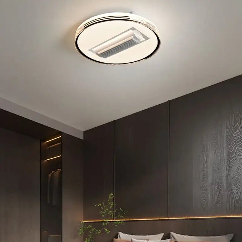 Modern white and chrome ceiling fan chandelier with circular ceiling-mounted air conditioner and integrated led light panel