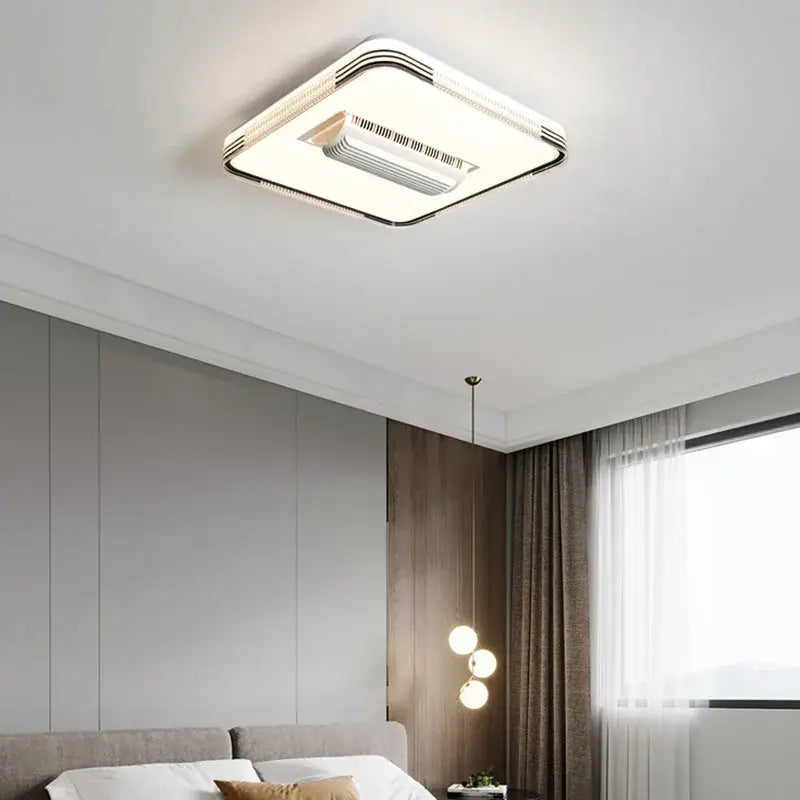 Modern white and chrome square ceiling fan chandelier with integrated led lighting and central air conditioning unit