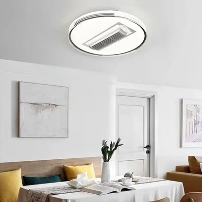 Modern white and chrome ceiling fan chandelier with circular led light and integrated air conditioning unit for bedroom use