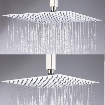Modern white chrome square rainfall shower head with multiple water jets for an enhanced rainfall shower experience