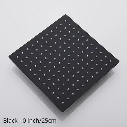 Black 10-inch square matte rainfall shower head with evenly spaced silver nozzles for modern bathroom use