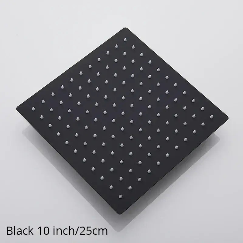 Black 10-inch square matte rainfall shower head with evenly spaced silver nozzles for modern bathroom use