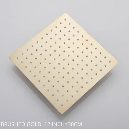 Modern white chrome brushed gold square rainfall shower head with evenly spaced perforations for rainfall shower use
