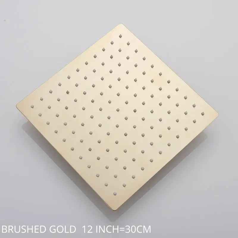 Modern white chrome brushed gold square rainfall shower head with evenly spaced perforations for rainfall shower use