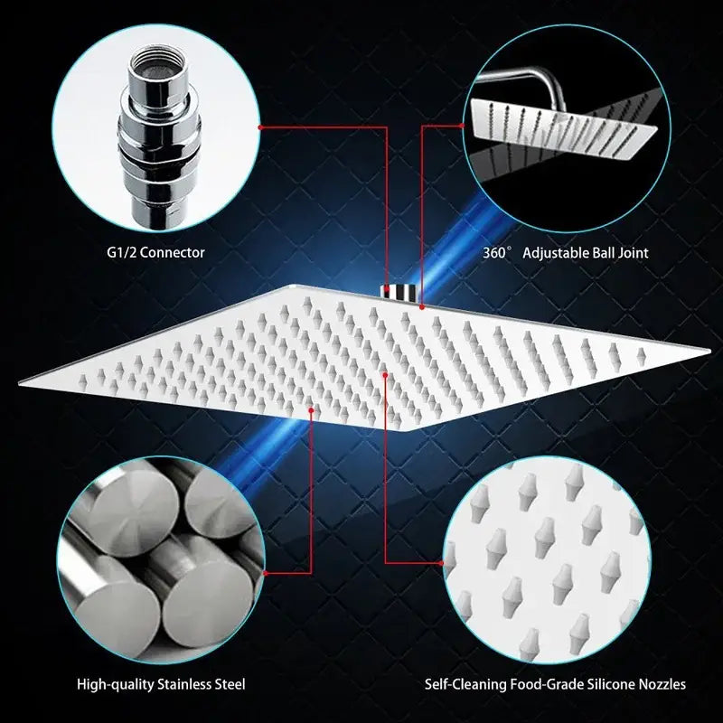 Modern white chrome square rainfall shower head with brushed stainless steel and adjustable ball joint features silicone nozzles