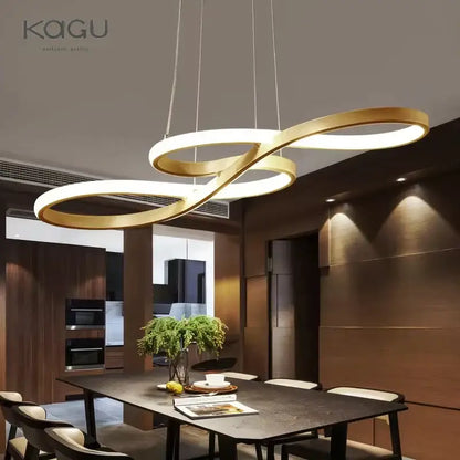 Modern white circle led chandelier featuring a gold infinity pendant light with sleek design and warm ambient glow decorbites circle led