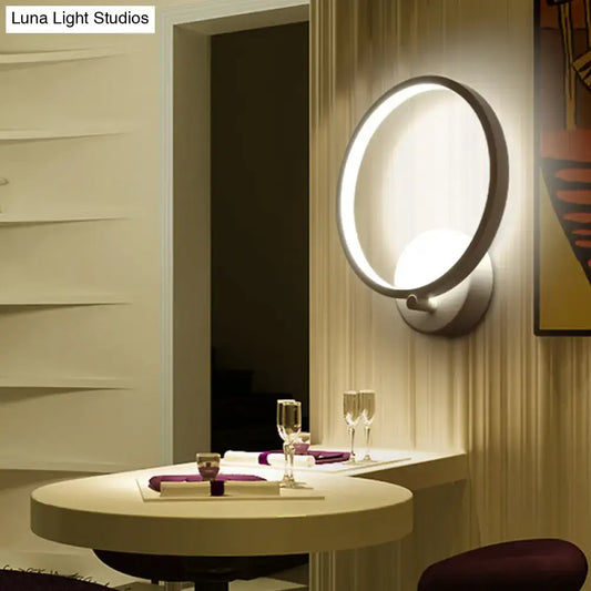 Modern white circle sconce light fixture with bright white ring and matte silver frame for 110v-120v 220v-240v use